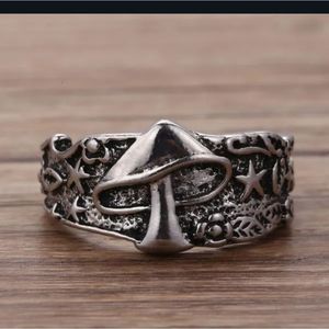 Sterling Silver 925 plated mushrooms and stars boho ring sz 12